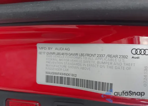 2017 Audi A4 2.0T Ultra Premium z USA, uszkodzony, nr VIN WAUGMAF40HN061802